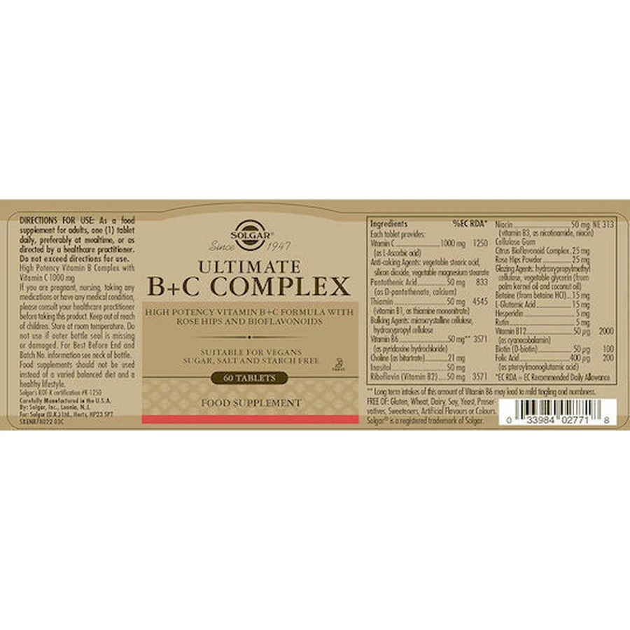 Solgar Ultimate B+C Multivitamin Complex for Energy & Immune System Support 30 Comprimés