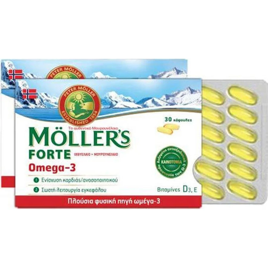 Moller's Forte Omega 3 Levertraan en Visolie Geschikt voor Kinderen 30 capsules Niet-gearomatiseerd
