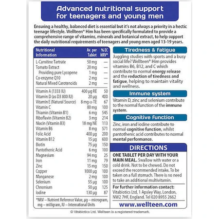 Vitabiotics Wellteen Him Multivitamin for Energy & Immune System Support 30 Comprimidos