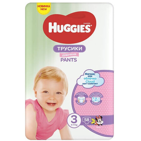 Pantaloni per pannolini Ragazza n. 3, 6-11 kg, 58 pezzi, Huggies