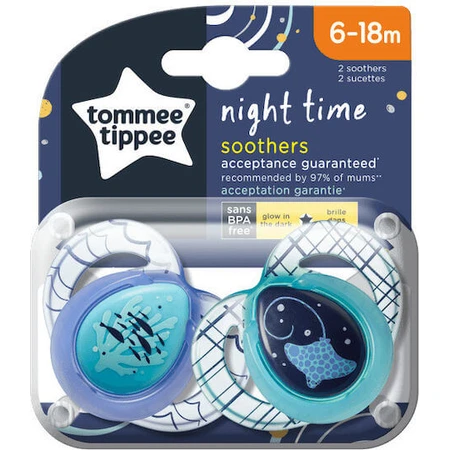 Tommee Tippee Time Night Silikonowy Smoczek Ortodontyczny Duży Smoczek - Niebieski Otwarty dla 6-18 miesięcy 2szt.: ceny i cechy