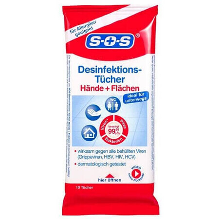 Lingettes désinfectantes pour les mains et les surfaces, 10 pièces, SOS