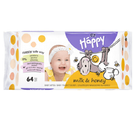 Serviettes humides Milk & Honey, +0 mois, 64 pièces, Happy