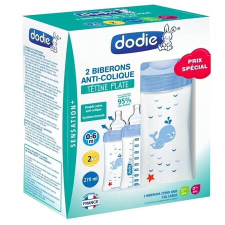 Lot de 2 biberons avec fonction sensorielle et tétine plate anti-colique, Grand, 2x270 ml, 0-6 mois, Dodie