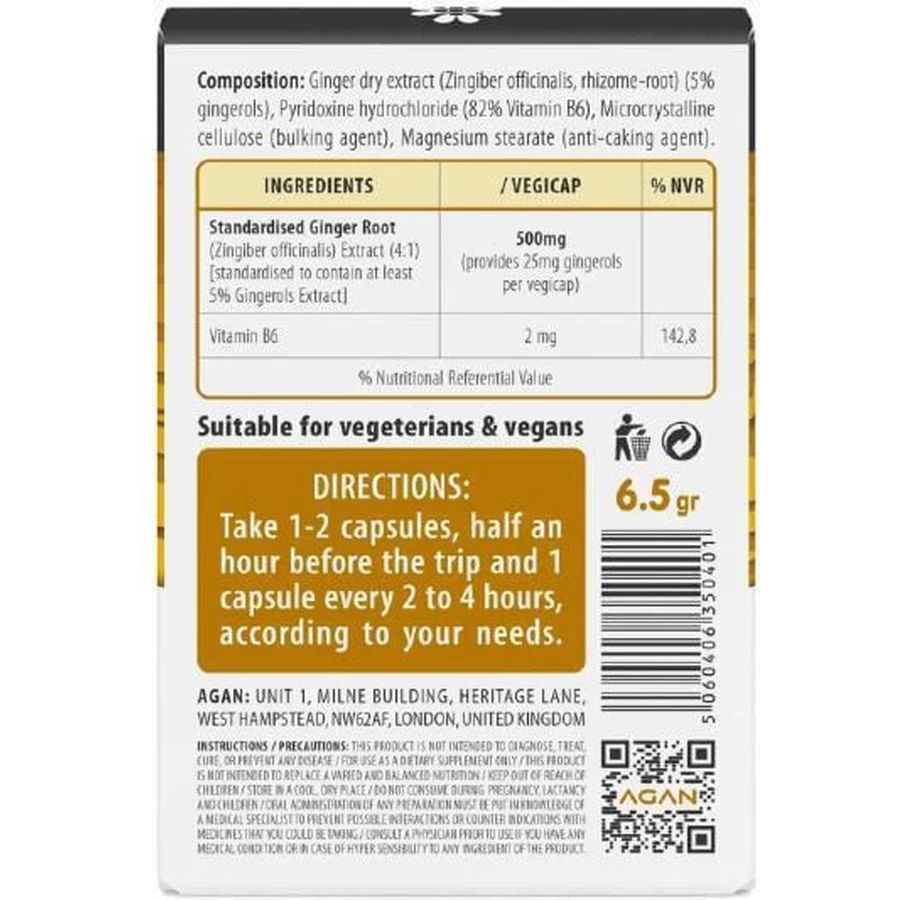 Agan Travel Motion Dry Ginger Extract and Vitamin B6 for Nausea 10 Herbal Capsules
