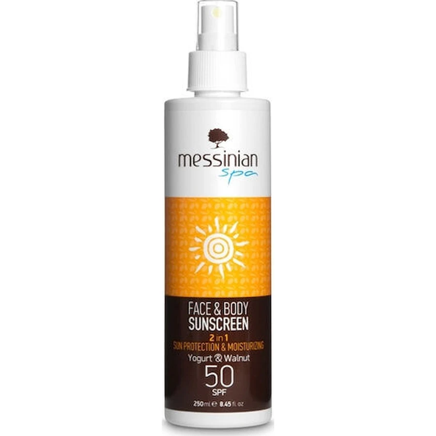 Messinian Spa Crema solare 2 in 1 protettiva e idratante allo yogurt e alla carota Crema solare viso e corpo SPF50 250ml Spray 250ml