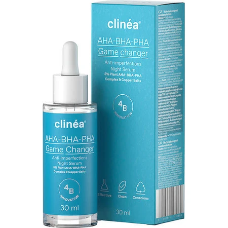 Clinea AHA-BHA-PHA Game Changer Anti-imperfections Siero viso anti-età con AHA e collagene per la tonificazione e le imperfezioni 30ml