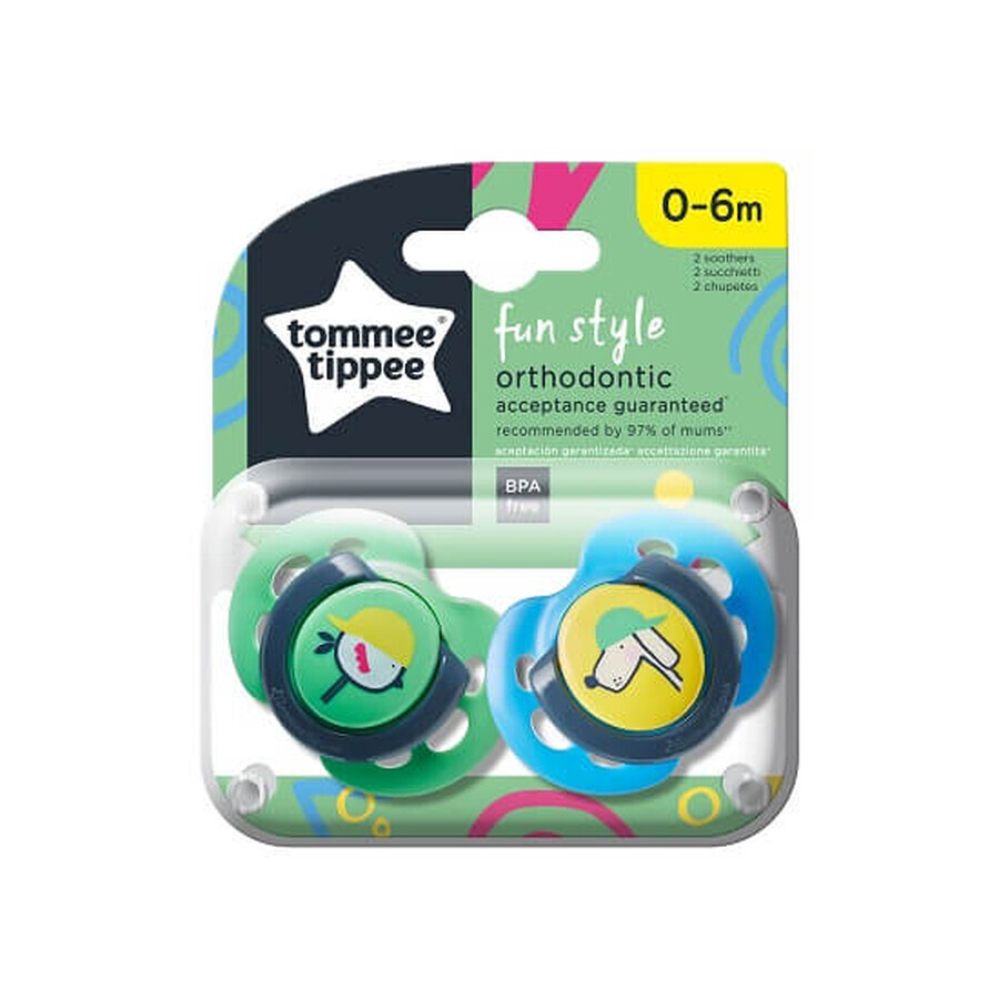 Ciucci ortodontici Fun bird/dog day, 0-6 mesi, 2 pz, Tommee Tippee