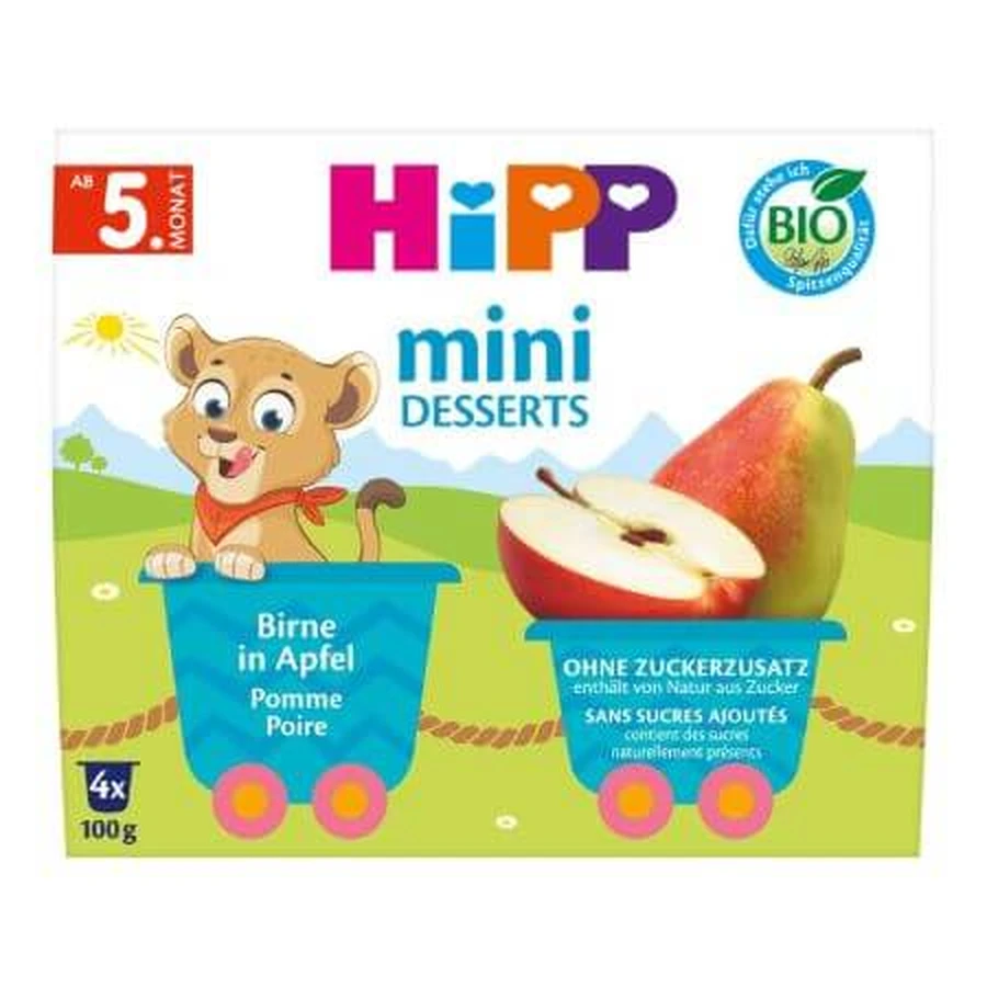 Mini desert Bio cu mere si pere, 4 x 100 g, Hipp