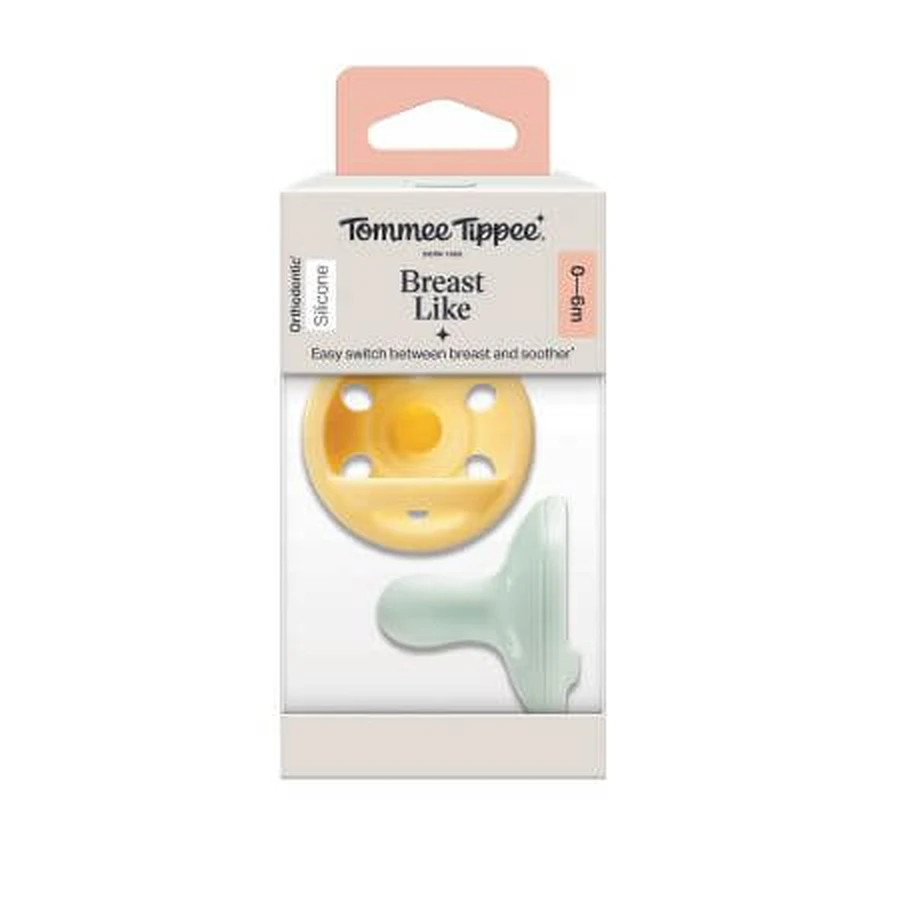 Kiefergerechter Silikon-Schnuller Breast Like Soother, Gelb/Mintgrün, 0-6 Monate, 2 Stück, Tommee Tippee