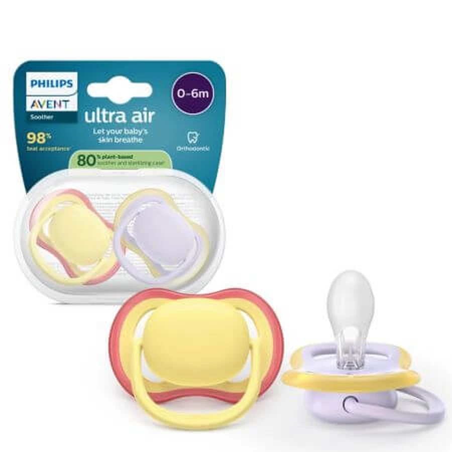 Sucettes Ultra Air, violet/jaune, 0-6 mois, SCF087/03, 2 pièces, Philips Avent