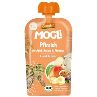 Biologische puree met perziken, bananen, appels, passievrucht en haver, 1 jaar+, 100 g, Mogli