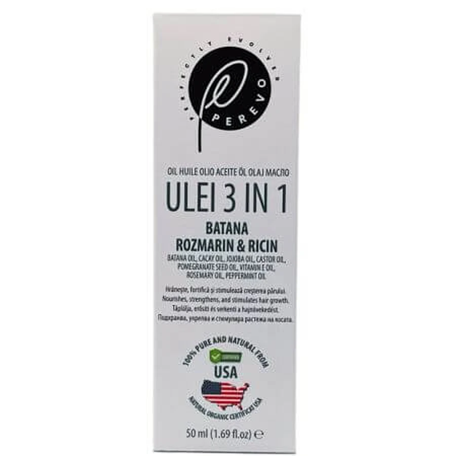 3 in 1 Öl mit Rizinus, Rizinus und Rosmarin für Kopfhaut und Haar, 50 ml, Perevo