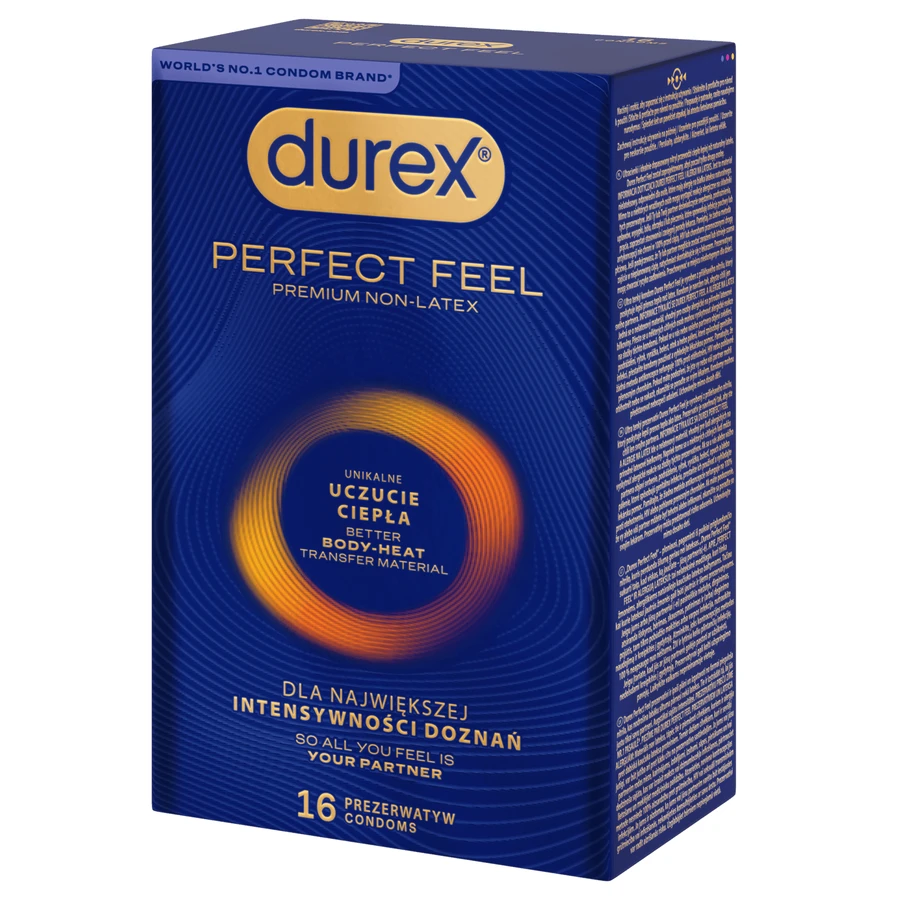 Durex Perfect Feel Premium Non-Latex, non-latex condoms, unique warm feeling, 16 pieces
