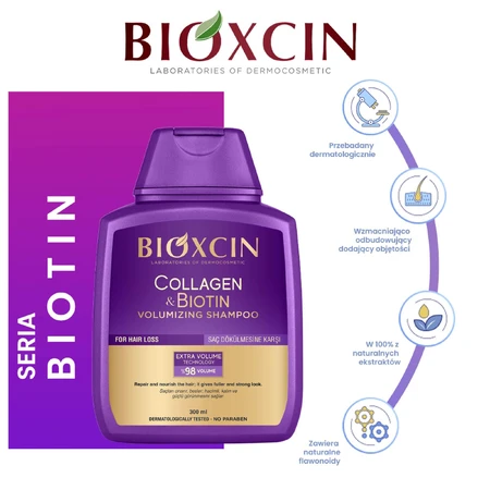 Bioxcin Collagen & Biotin, szampon dodający włosom objętości, 300 ml: ceny i cechy