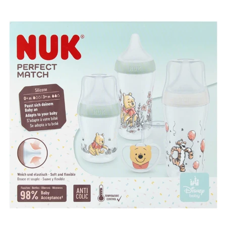 Set iniziale NUK Perfect Match, 3 biberon anticolica + succhietto, Winnie the Pooh, 0-6 mesi