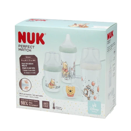 Set iniziale NUK Perfect Match, 3 biberon anticolica + succhietto, Winnie the Pooh, 0-6 mesi