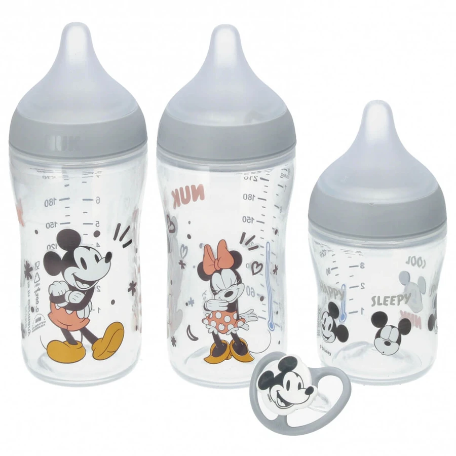 Set de inicio NUK Perfect Match, 3 biberones anticólicos + chupete, Mickey Mouse, 0-6 meses