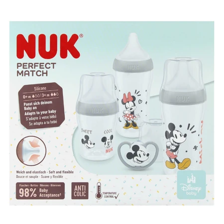 Set de inicio NUK Perfect Match, 3 biberones anticólicos + chupete, Mickey Mouse, 0-6 meses
