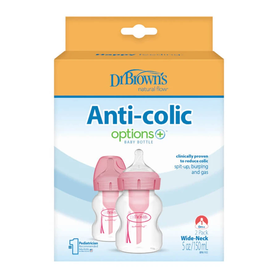 Dr Brown's Options+, biberon anti-colique à col large avec tétine, rose, 2 x 150 ml