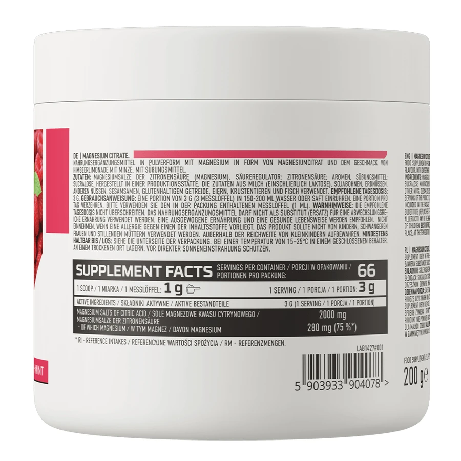 OstroVit Citrate de magnésium, citrate de magnésium, goût limonade framboise avec menthe, 200 g