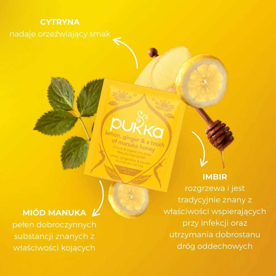Pukka Lemon Ginger & Manuka Honey Organic, fruit and herbal tea, ginger and lemon, flavored, 2 g x 20 sachets