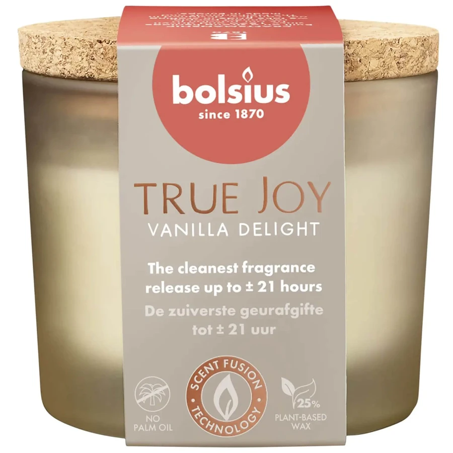 Bolsius True Joy Vanilla Delight, geurkaars met kurken deksel