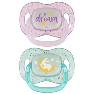 Canpol Baby's, fopspeen, 6-18 maanden, siliconen, symmetrisch, Night Glow, paars en blauw, 2 stuks