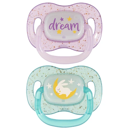 Canpol Baby's, fopspeen, 6-18 maanden, siliconen, symmetrisch, Night Glow, paars en blauw, 2 stuks