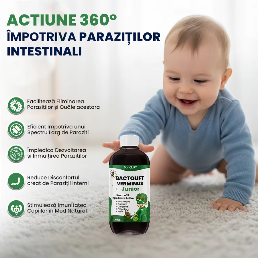 BactoLift Verminus Junior - Syrup for Intestinal Parasites in Children - Facilitates Elimination of Parasites & Boosts Immunity - 100% Natural - 250 mL