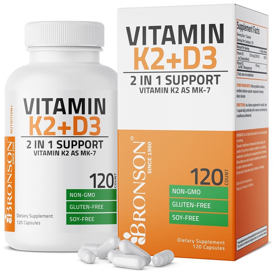 Vitamine K2 90 mcg + Vitamine D3 5000 IU, 120 gélules, Bronson Laboratories