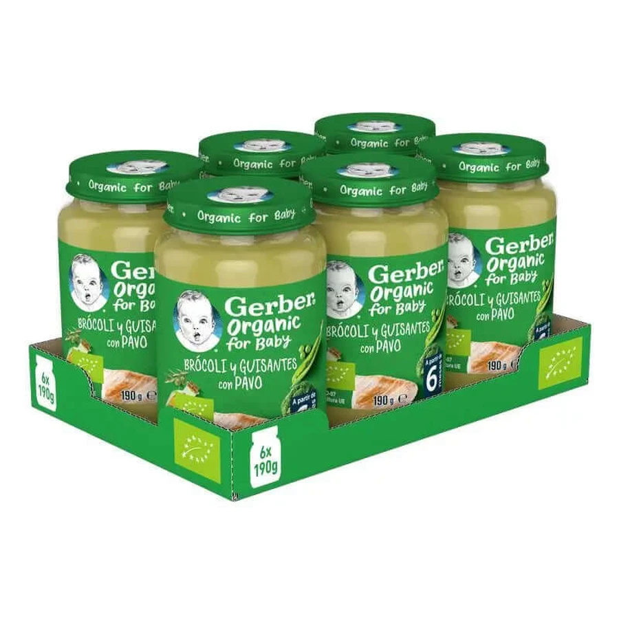 GERBER Pack Bio gezouten potjes Broccoli, erwten en kalkoen , 190g x 6 stuks
