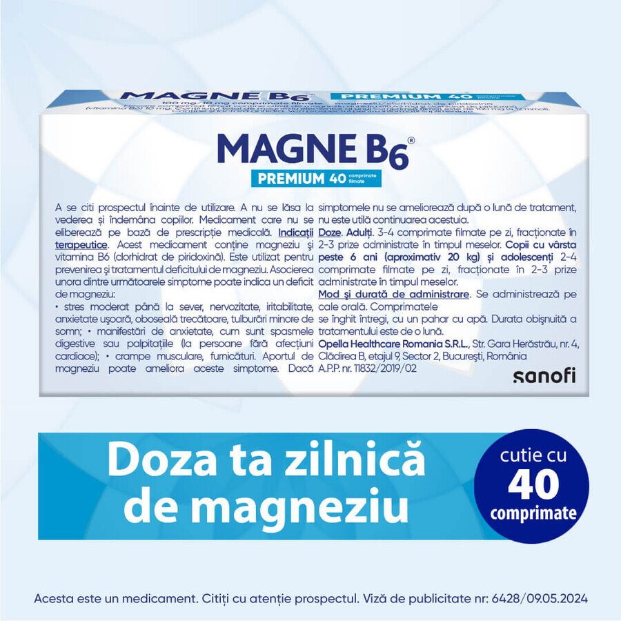 Magne B6 Premium, 100 mg/10 mg, 40 filmomhulde tabletten, Sanofi