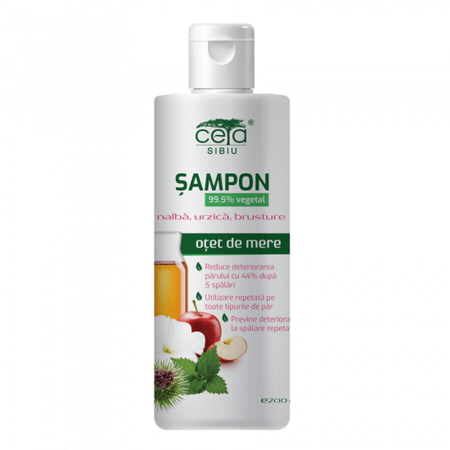 Shampooing 99,5% végétal avec vinaigre de pomme, nalba, ortie, bardane, 200 ml, Ceta Sibiu