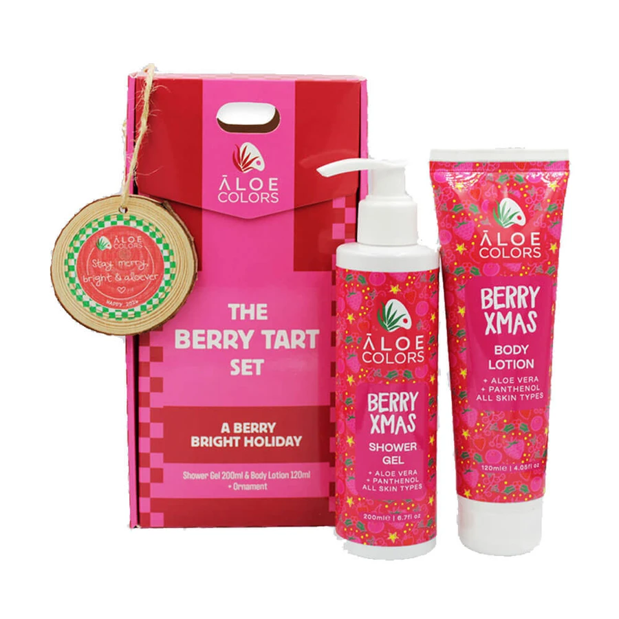 Aloe+ Colors The Berry Tart Set cu duș de corp 200ml, lapte de corp 120ml și ornament de Crăciun cadou