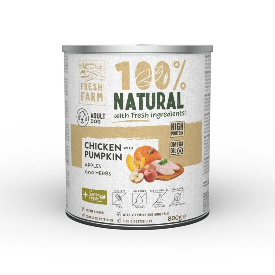 FRESH FARM Coarse, XS-XL, Huhn und Kürbis, getreidefreies feuchtes Hundefutter in Dosen, (Pastete), 800g