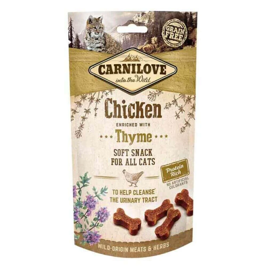 CARNILOVE Semi Moist Snack, Kip met Tijm, graanvrije functionele beloningen voor katten, urinegevoeligheden, 50g
