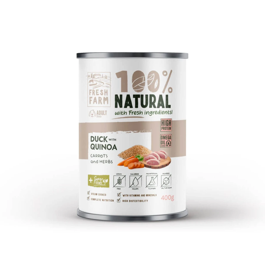 FRESH FARM Coarse, XS-XL, Ente und Quinoa, getreidefreies feuchtes Hundefutter in Dosen, (Pastete), 400g