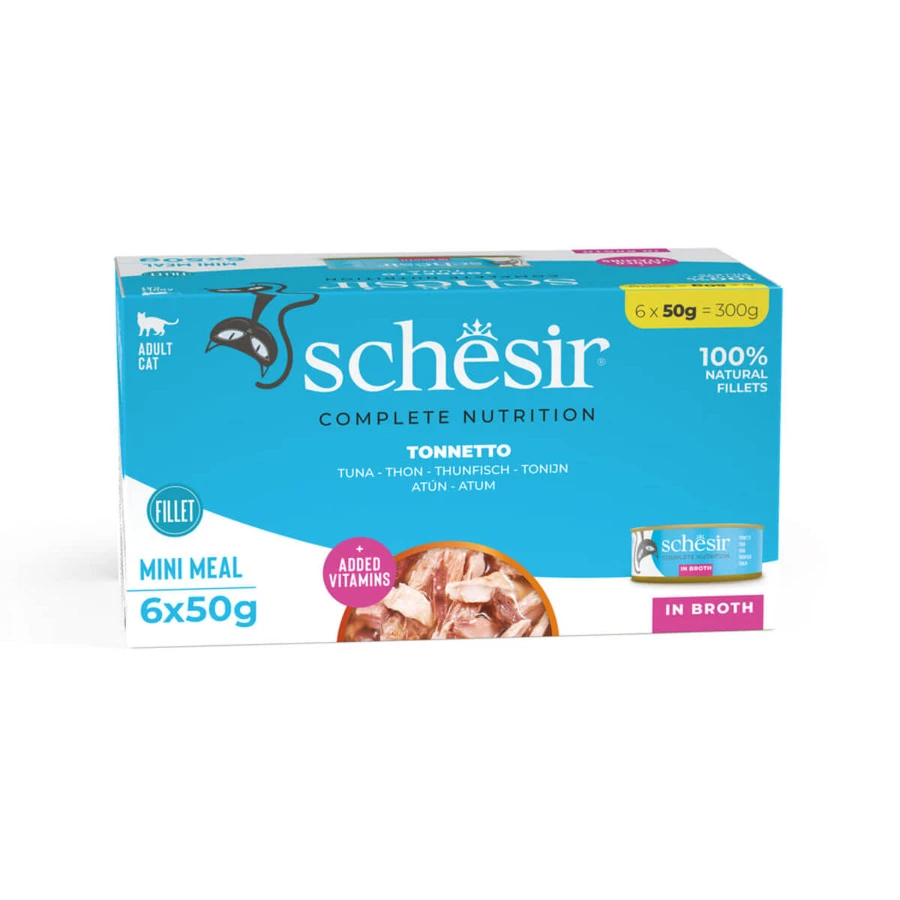 SCHESIR Complete Nutrition, Thunfisch, feuchtes Katzenfutter in Dosen, (in Suppe), Multipack, 50g x 6 Stück