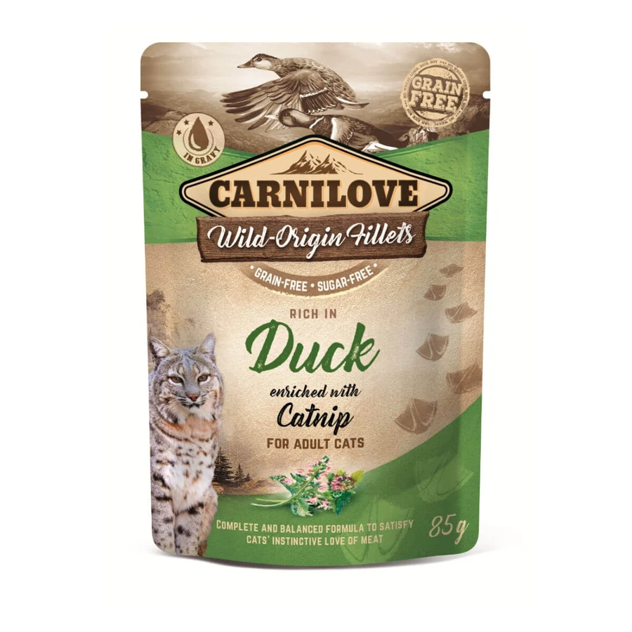 CARNILOVE, Filet de canard à l'herbe à chat, sachet de nourriture humide sans céréales pour chats, (en sauce), 85g