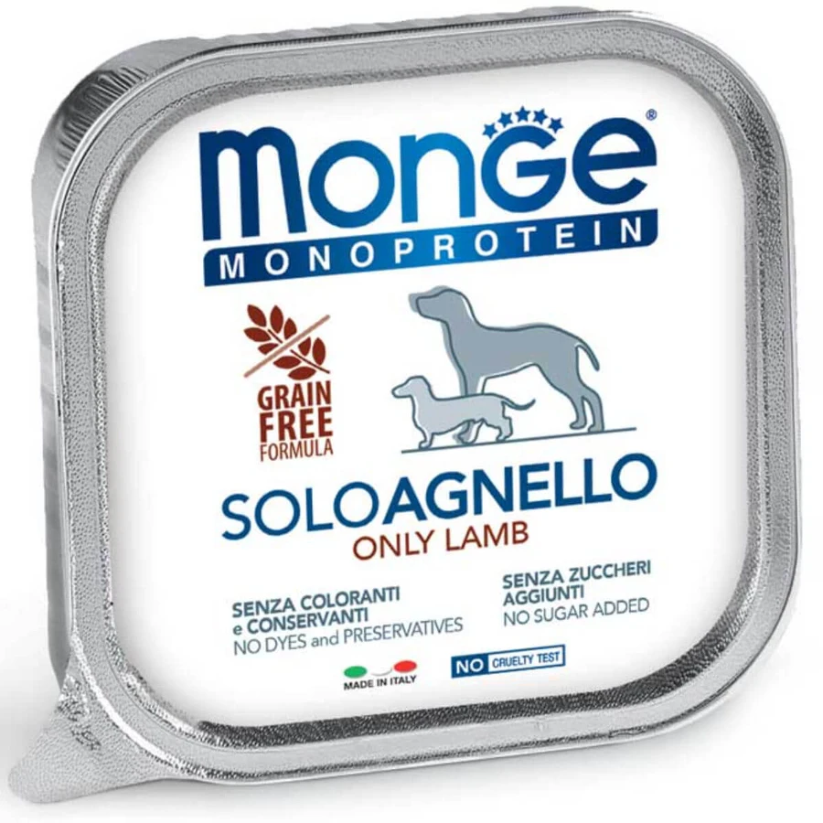 MONGE Monoprotein, XS-XL, Cordero, bandeja, mono proteína comida húmeda sin cereales para perros, (paté), 150g