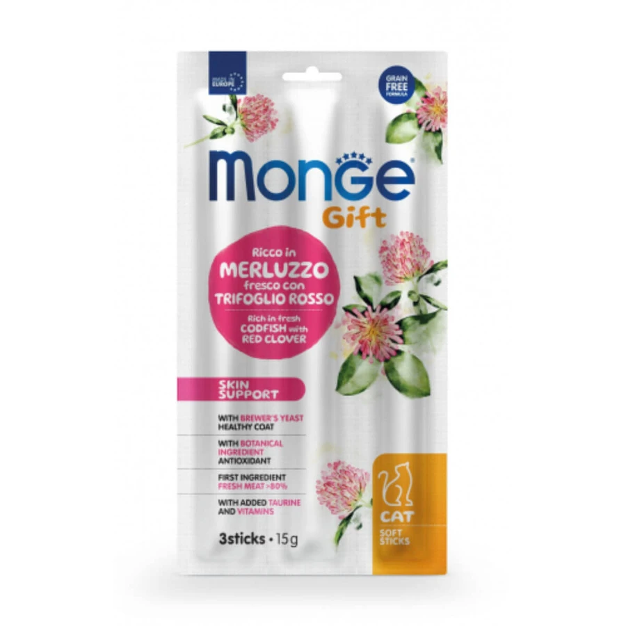 MONGE MONGE Gift Skin Support Soft Sticks, Kabeljauw en Klaver, graanvrije functionele beloningszakjes voor katten, huid & vacht, 15g