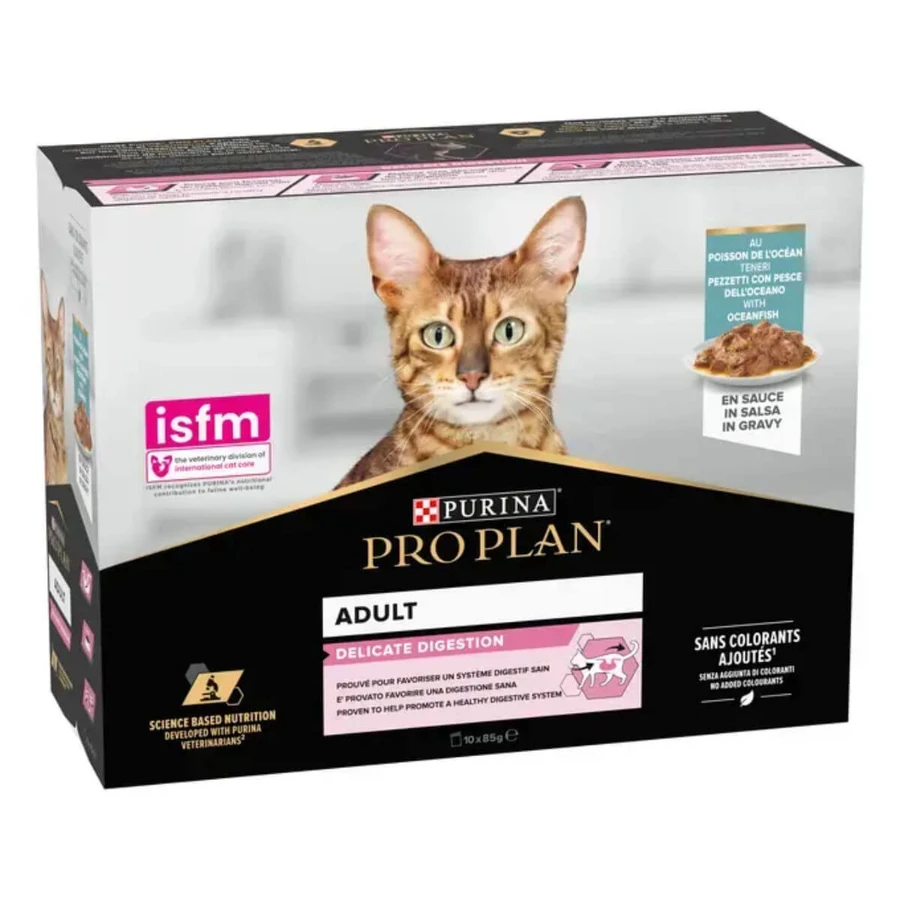 PURINA Pro Plan Delicate Digestion, Vis, zakje vochtig kattenvoer, spijsverteringsstelsel, (in saus), multipack, 85g x 10st