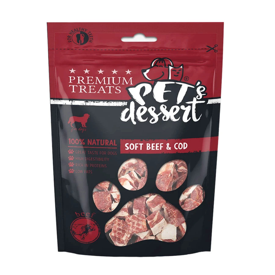 PET'S DESSERT Soft, XS-XL, Rundvlees en Kabeljauw, beloningszakje zonder granen voor honden, 80g