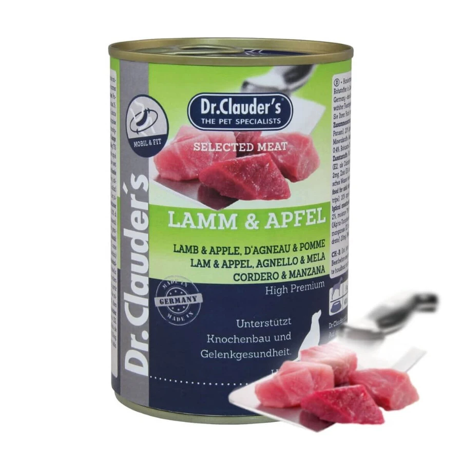 DR. CLAUDER'S Selected Meat, XS-XL, Jagnięcina z jabłkami, bezzbożowa wilgotna karma dla psów w puszkach, system stawowy, (w sosie własnym), 400g: ceny i cechy