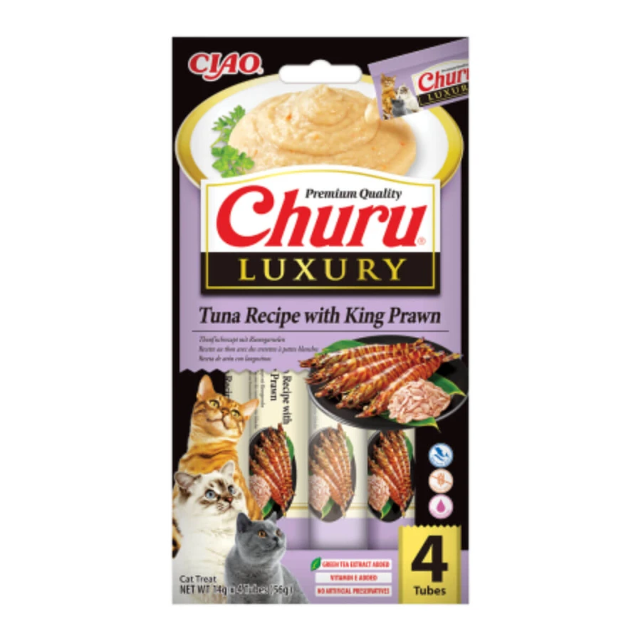 INABA Churu Luxury, thon et crevettes, sachet récompense sans céréales pour chats, (purée), 56g