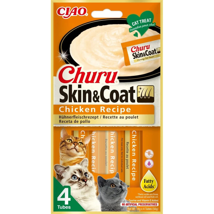 INABA Churu Churu Skin&Coat, Poulet, sachet de récompenses fonctionnelles sans céréales pour chats, peau et fourrure, (garniture), 56g