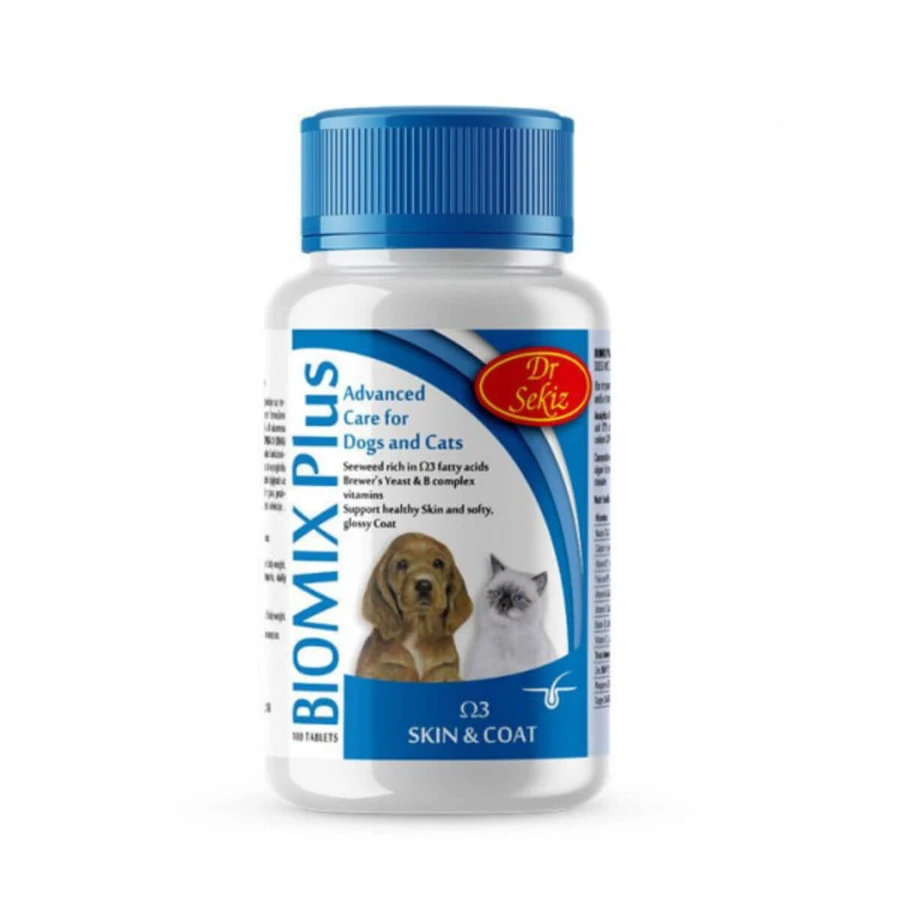 DR. SEKIZ Biomix Plus Omega3, XS-XL, skin & fur supplement for dogs and cats, bottle, 100 tablets