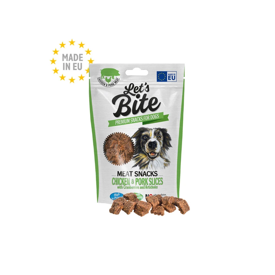 BRIT Let's Bite Meat Snacks Chicken & Pork Slices, XS-XL, poulet et porc, sans céréales, sac de récompense, chiens, 80g
