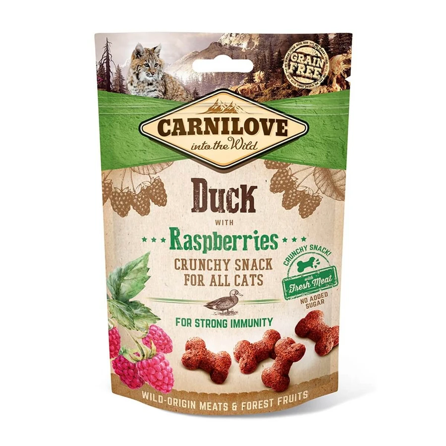 CARNILOVE Crunchy Snack, Ente mit Himbeere, funktionelle Belohnung für getreidefreie Katzen, Immunität, 50g